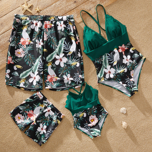 Family Matching! Tropical Flower One Piece Swimsuits & Trunks