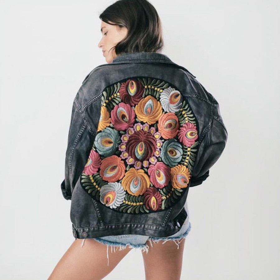 Vintage Peacock Floral Embroidered Denim Jacket