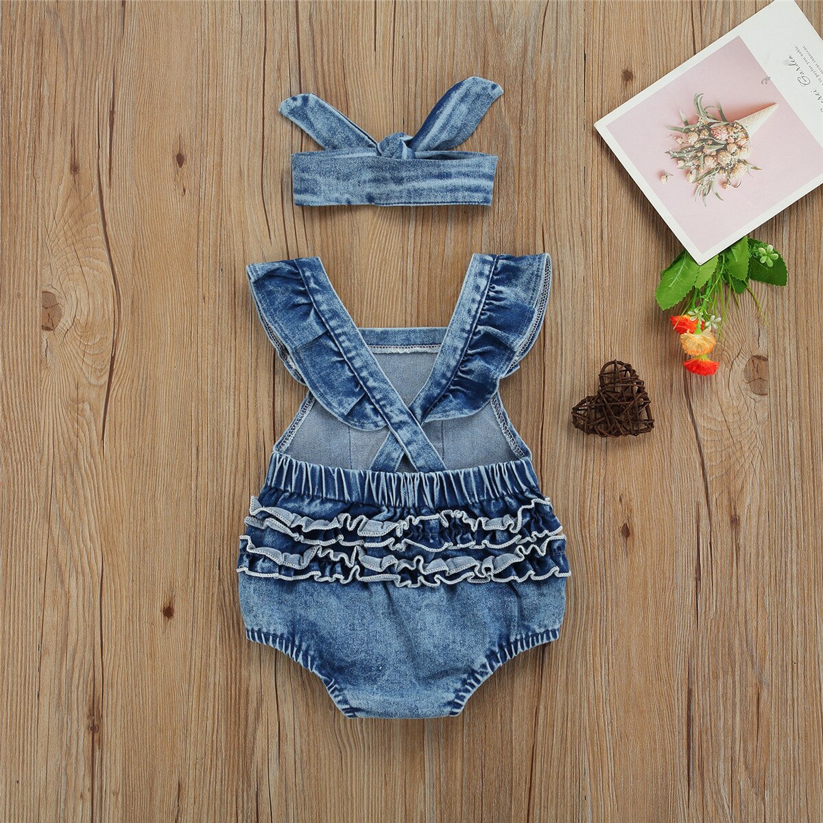 Girl's 2-Piece Denim Rainbow Romper & Bow Headband Sets