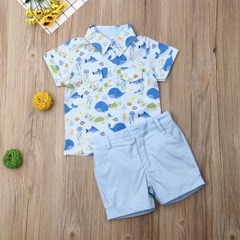 Boy's 2-Piece Button Up Ocean Life Shirt & Shorts Outfit Sets