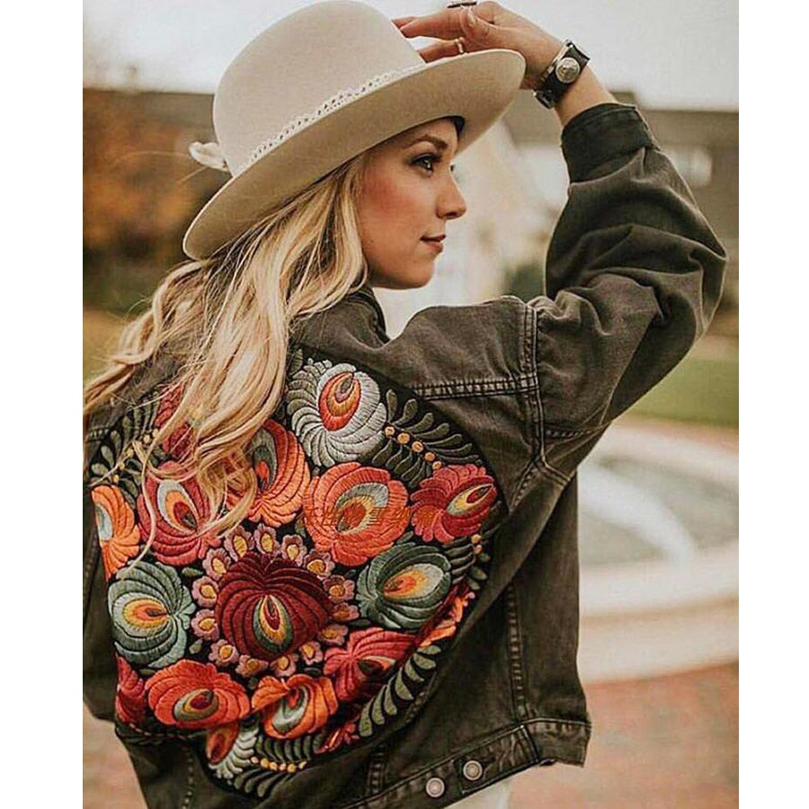 Vintage Peacock Floral Embroidered Denim Jacket