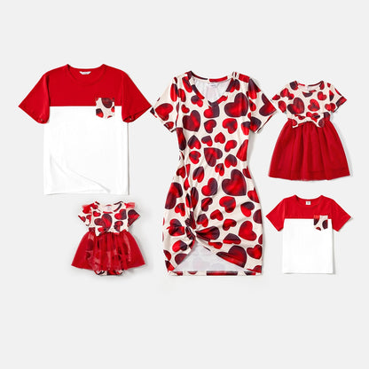 Family Matching! VaValentine's Day Red Heart Twist Knot Dresses and Short-Sleeve T-shirts