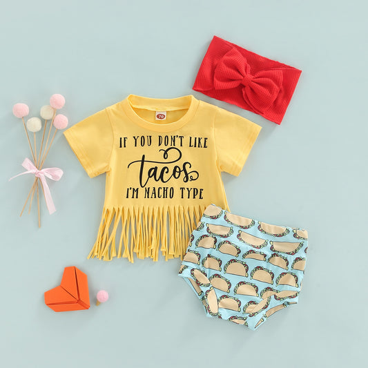 Girl's 3-Piece Tassel Tacos T-Shirt, Shorts & Bow Headband OutfitSets