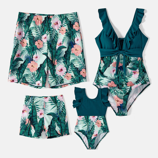Family Matching! Swimsuit Plant Ruffle Trim Spliced One Piece Swimsuits & Trunks