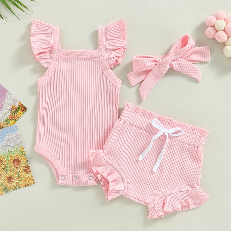 Girl's 3-Piece Ruffled Romper, Shorts & Bow Headband Outfit Sets