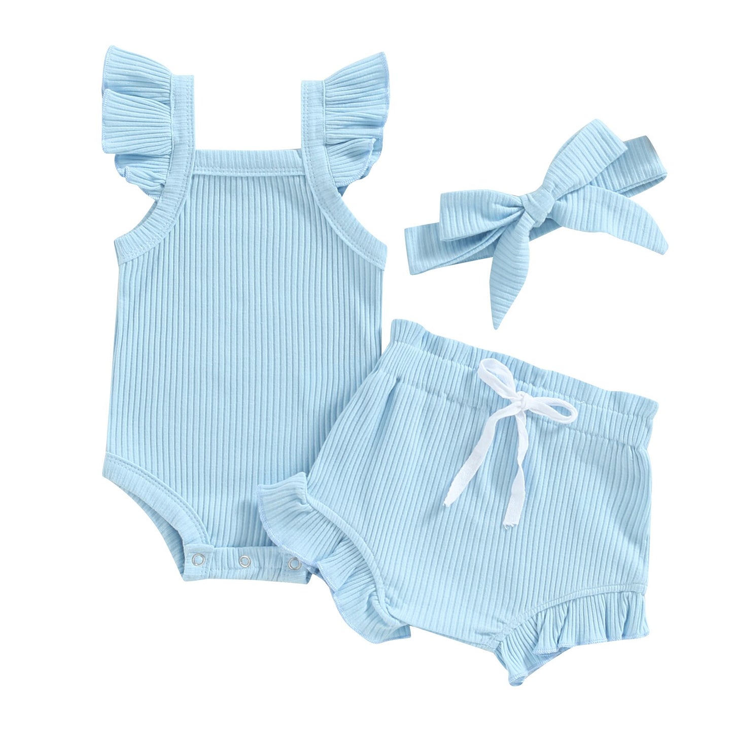 Girl's 3-Piece Ruffled Romper, Shorts & Bow Headband Outfit Sets