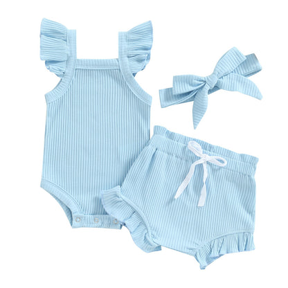 Girl's 3-Piece Ruffled Romper, Shorts & Bow Headband Outfit Sets