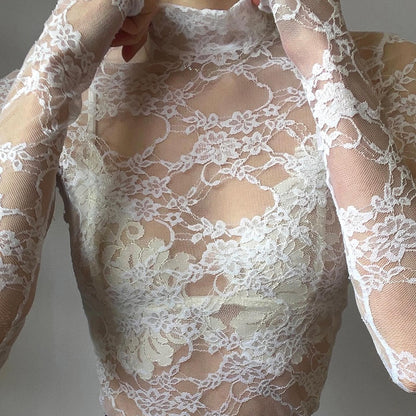 Petite Cropped White Lace Transparent Mesh Smock Top