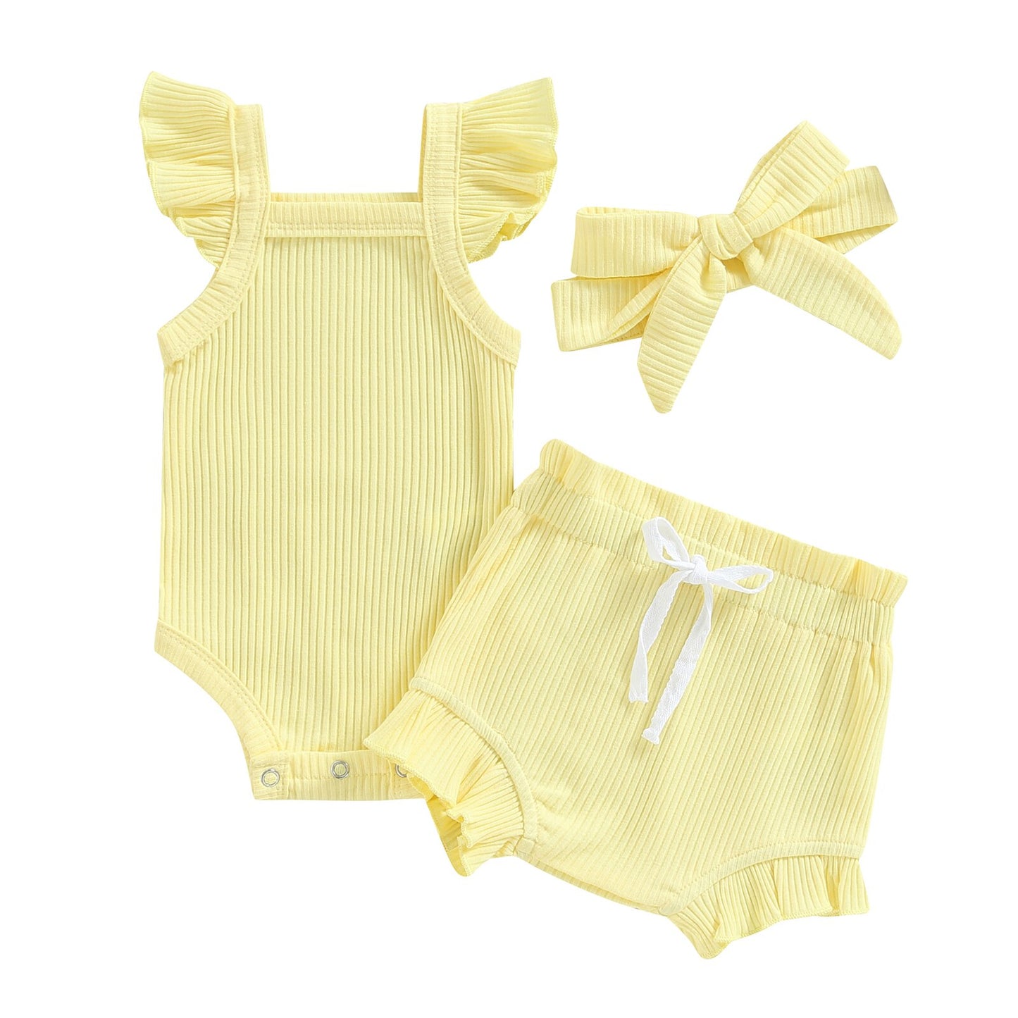 Girl's 3-Piece Ruffled Romper, Shorts & Bow Headband Outfit Sets