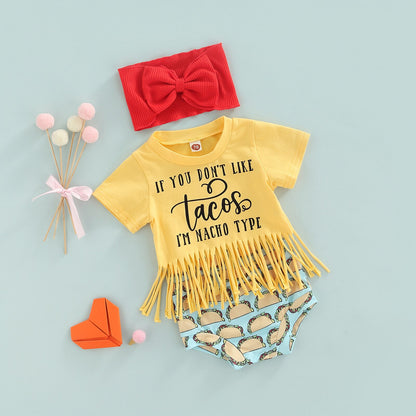 Girl's 3-Piece Tassel Tacos T-Shirt, Shorts & Bow Headband OutfitSets