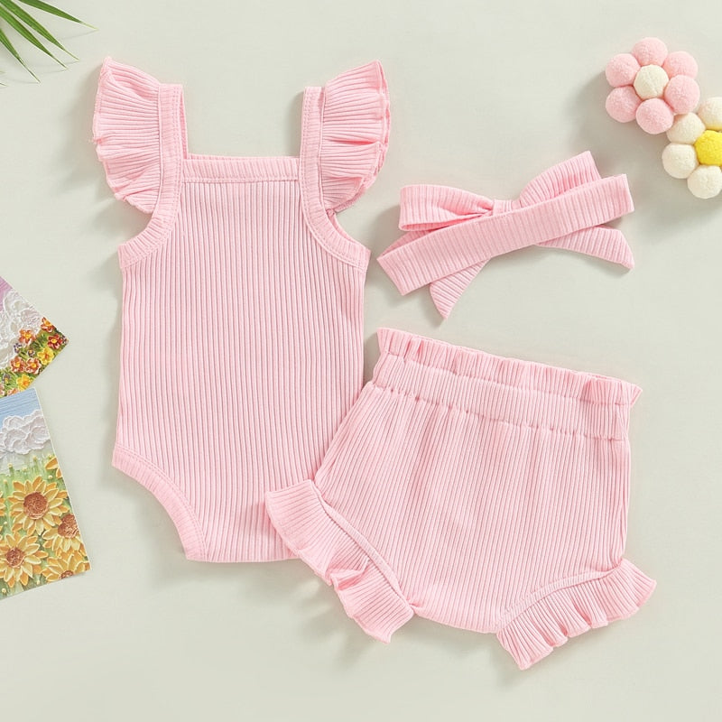 Girl's 3-Piece Ruffled Romper, Shorts & Bow Headband Outfit Sets