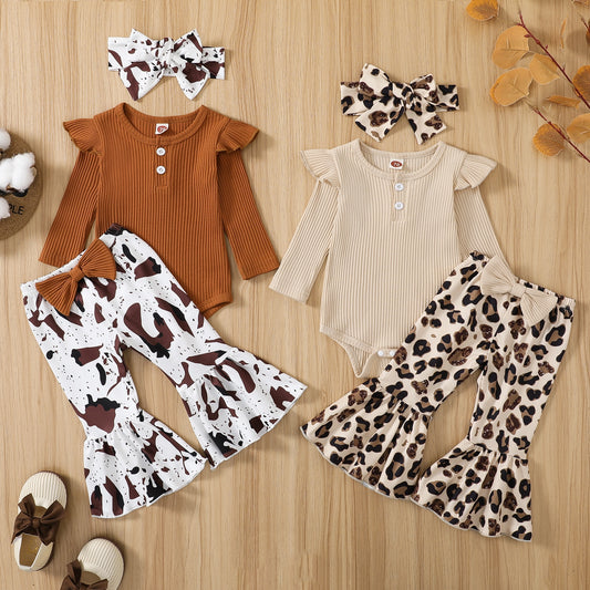 Girl's 3-Piece Long Sleeve Onesie, Bow Headband & Flared Pants Sets