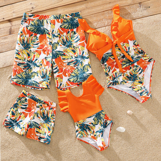Family Matching! Orange Tropical Ruffled One Piece Swimsuits & Trunks
