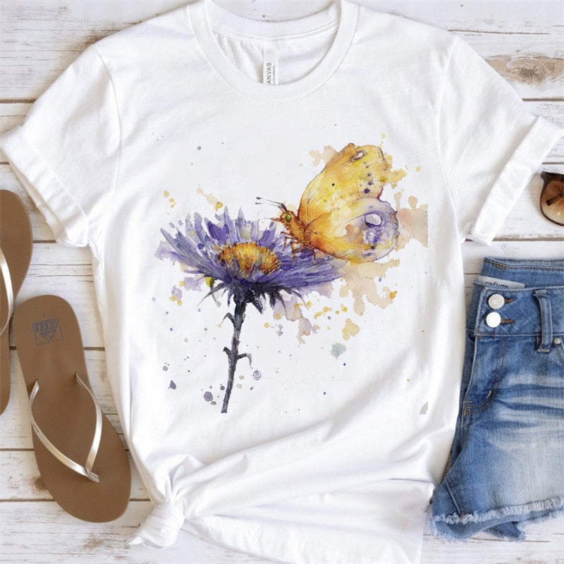 Artsy Tees & Watercolor Butterfly, Dragon Fly & Flowers Short Sleeve T-shirts