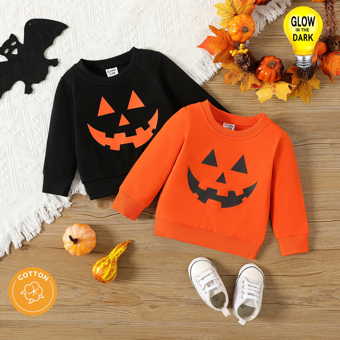 Halloween Baby Boy/Girl Cotton Long-sleeve Glow In The Dark Pumpkin Face Print Sweatshirt