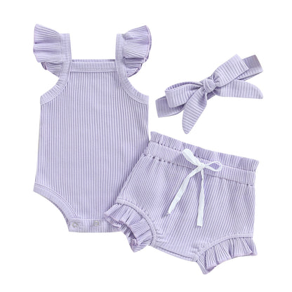 Girl's 3-Piece Ruffled Romper, Shorts & Bow Headband Outfit Sets