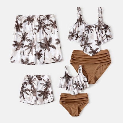 Family Matching! Palm Tree Ruched Bikini Swimsuits & Trunks