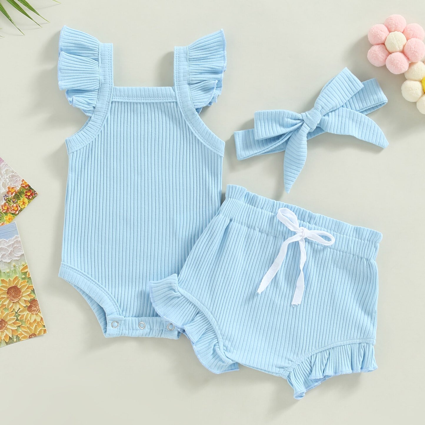 Girl's 3-Piece Ruffled Romper, Shorts & Bow Headband Outfit Sets