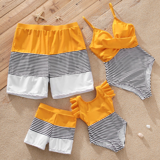 Family Matching! Striped One Piece Swimsuits & Trunks