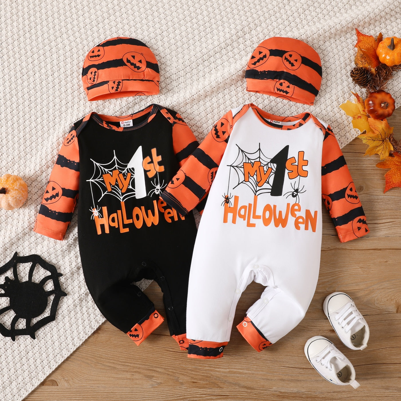 Halloween Baby Naia Letter Pumpkin Pattern Long Sleeve Jumpsuit Set