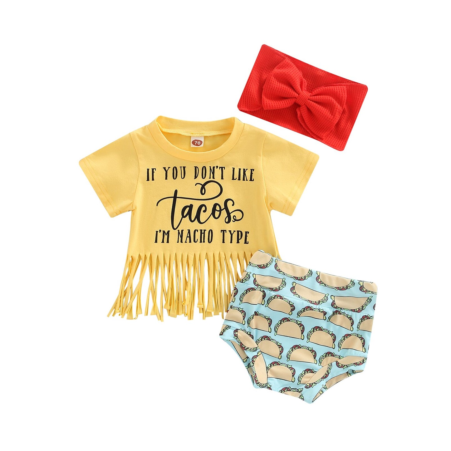 Girl's 3-Piece Tassel Tacos T-Shirt, Shorts & Bow Headband OutfitSets