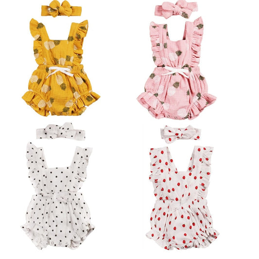 Girl's 2-Piece Sleeveless Fruit/Dot Romper & Bow Headband Sets