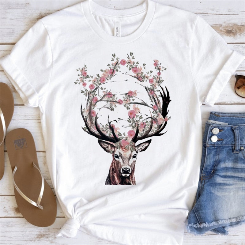 Artsy Tees & Watercolor Nature Antlers & Flowers Short Sleeve T-shirts