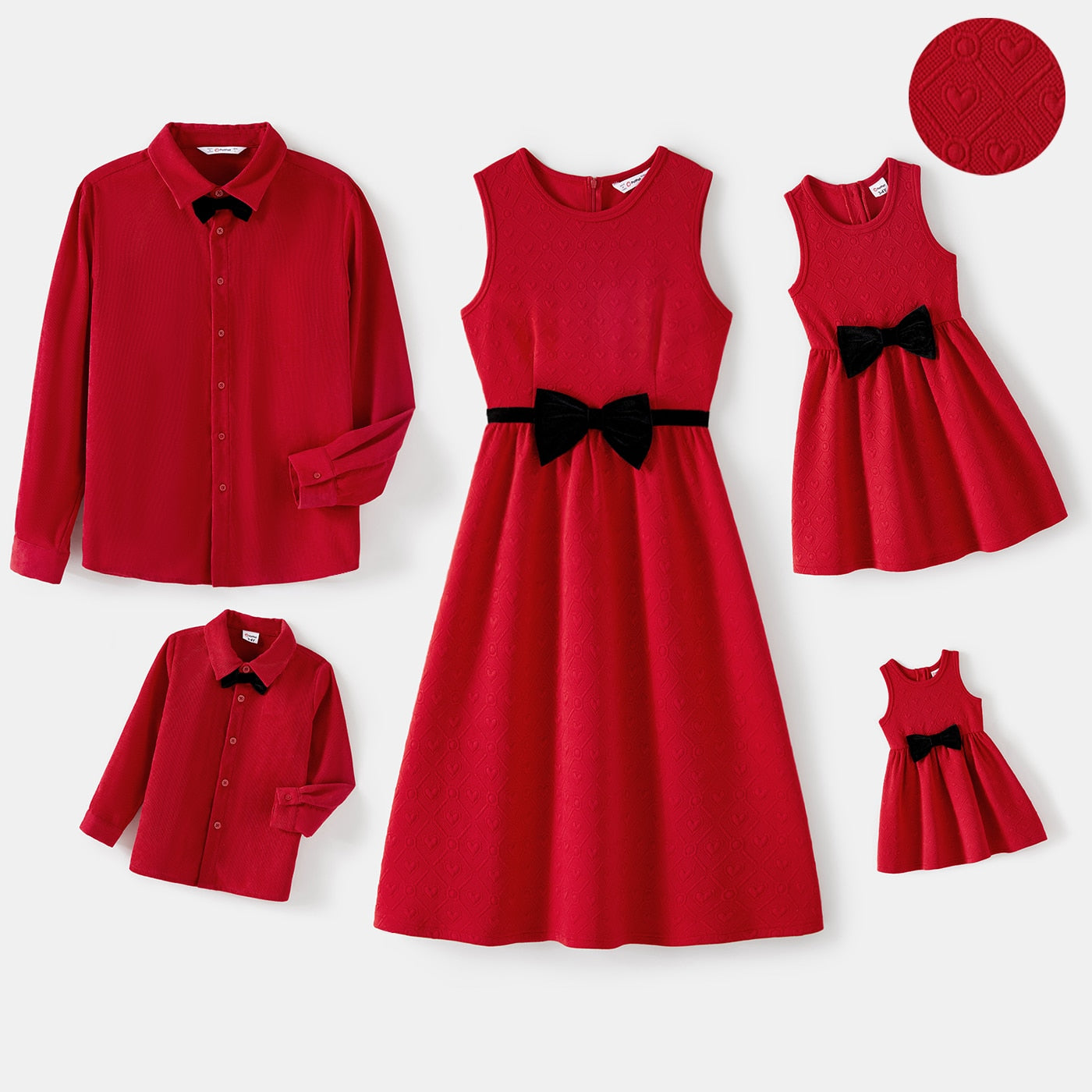 Family Matching! Sleeveless Bow Front Red Dresses & Long-Sleeve Bow-Tie Shirts