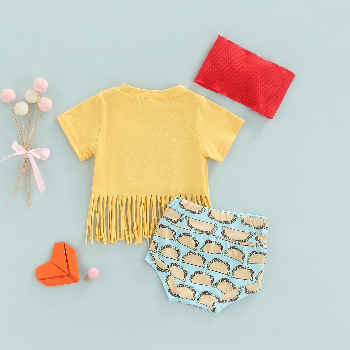 Girl's 3-Piece Tassel Tacos T-Shirt, Shorts & Bow Headband OutfitSets