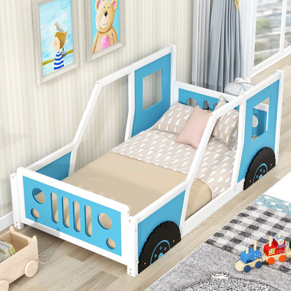 Twin Size Classic Car-Shaped Platform Bed with Wheels; Blue or White