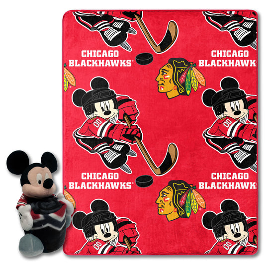 Blackhawks OFFICIAL NHL & Disney's Mickey Mouse Character Hugger Pillow & Silk Touch Throw Set; 40" x 50"