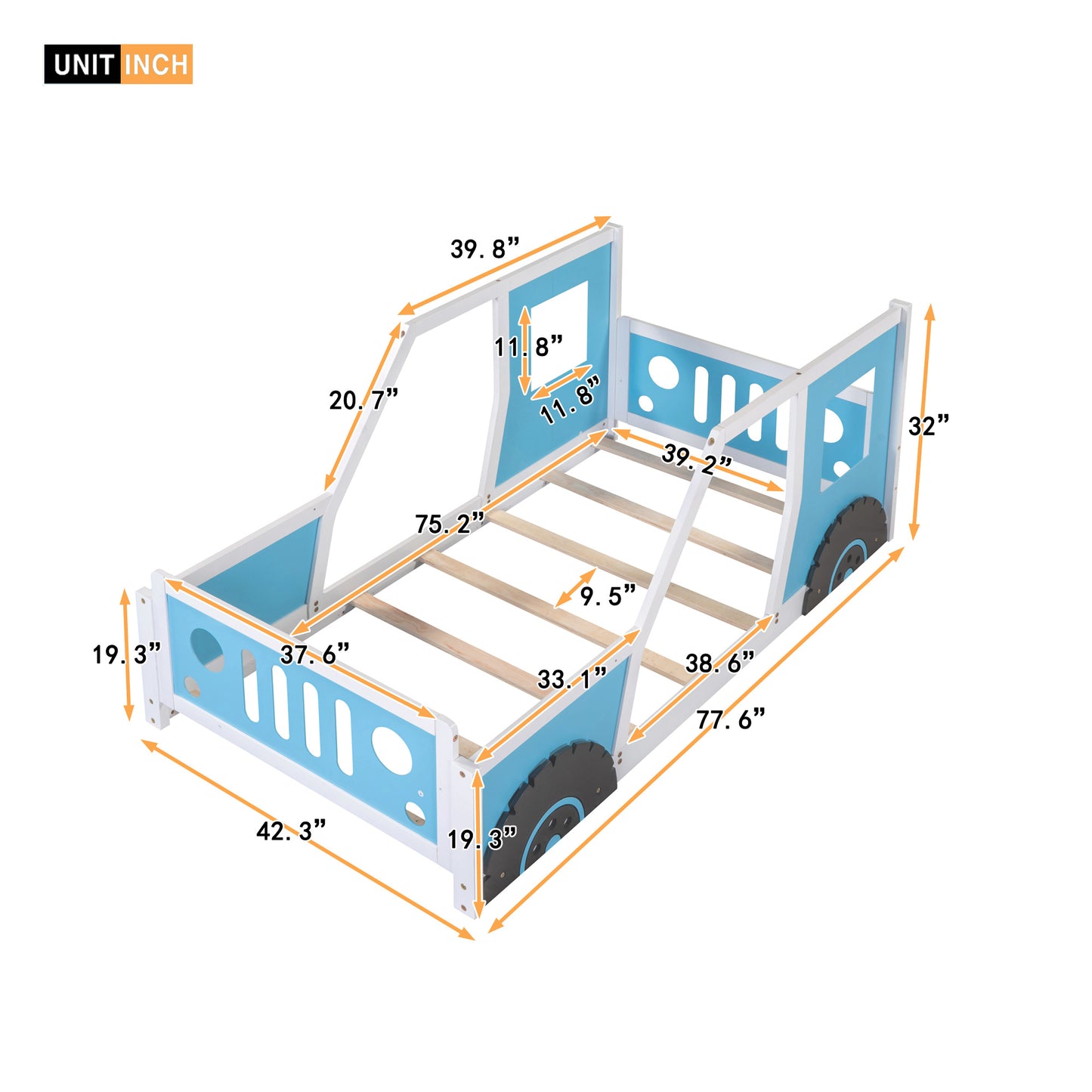 Twin Size Classic Car-Shaped Platform Bed with Wheels; Blue or White
