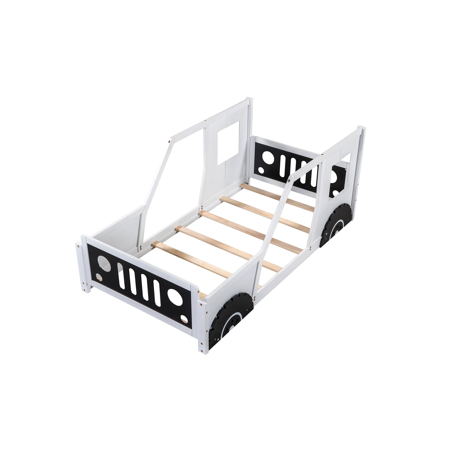 Twin Size Classic Car-Shaped Platform Bed with Wheels; Blue or White