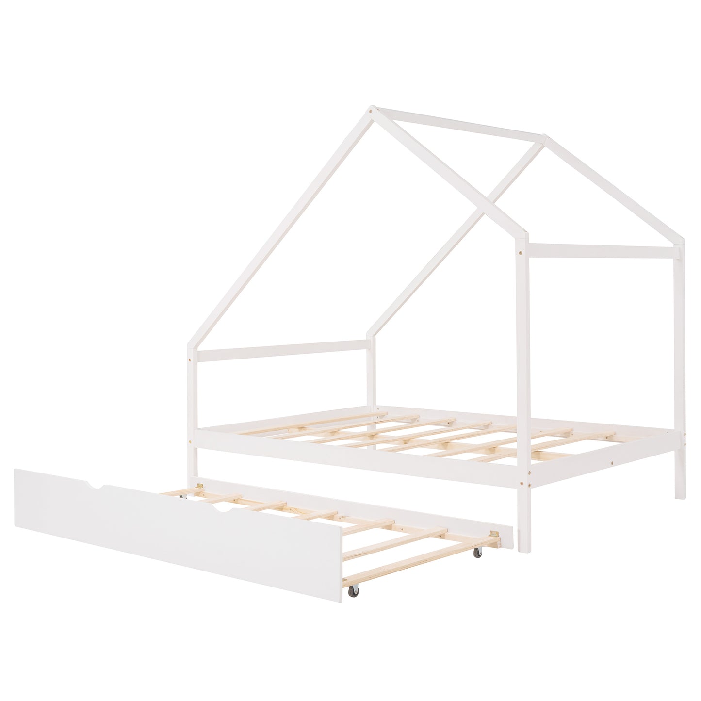 Wooden House Bed With Twin Size Trundle