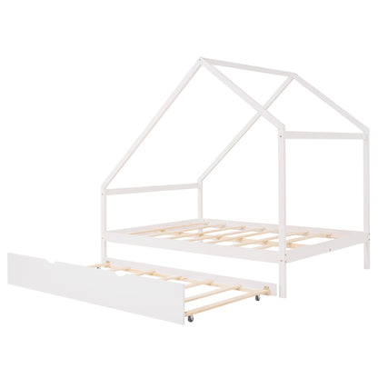 Full Size Wooden House Bed With Twin Size Trundle