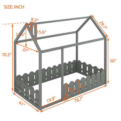 Kids Wood Playhouse & Fence Style Twin Size Bed