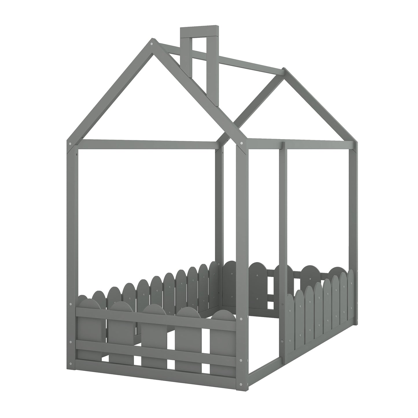 Kids Wood Playhouse & Fence Style Twin Size Bed